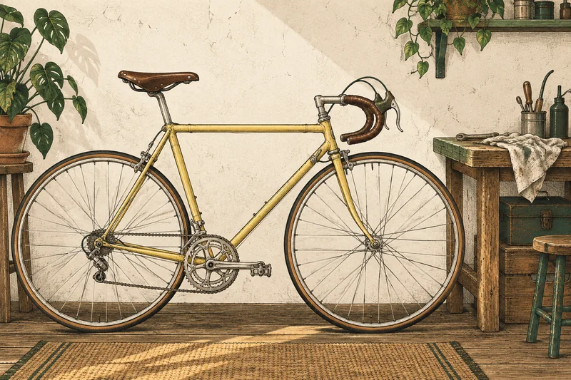 Engraved illustration of a well-kept yellow road bicycle beside a wooden workbench with tools and a repair rag
