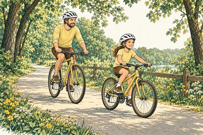 Vintage-style illustration of an adult and child wearing helmets and cycling together on a tree-lined path
